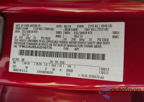 2018 Ford Escape Titanium z USA, uszkodzony, nr VIN 1FMCU9J95JUD16776